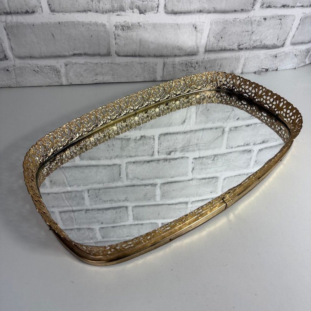 Vintage Filagree Metal Mirrored Vanity Tray